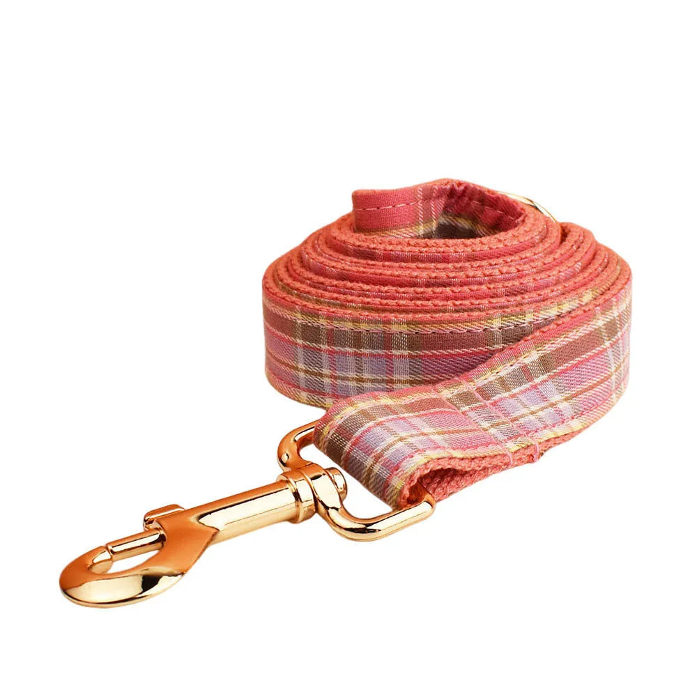 Plaid cloth dog collar traction rope set with vest and bow accessories in multiple colour options