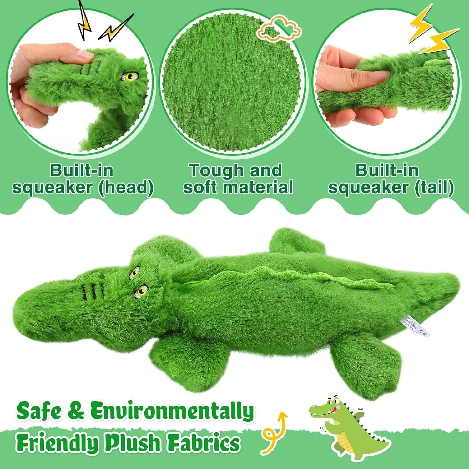 Green crocodile-shaped plush dog toy with no stuffing for safe chewing