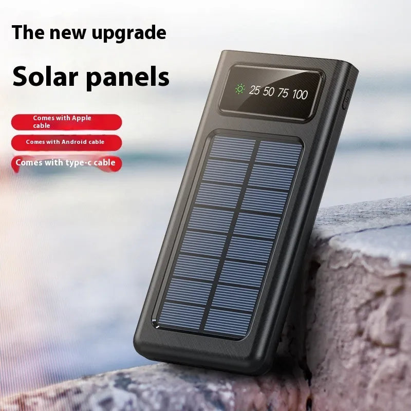 Solar power bank with four attached charging cables in black or white colour options