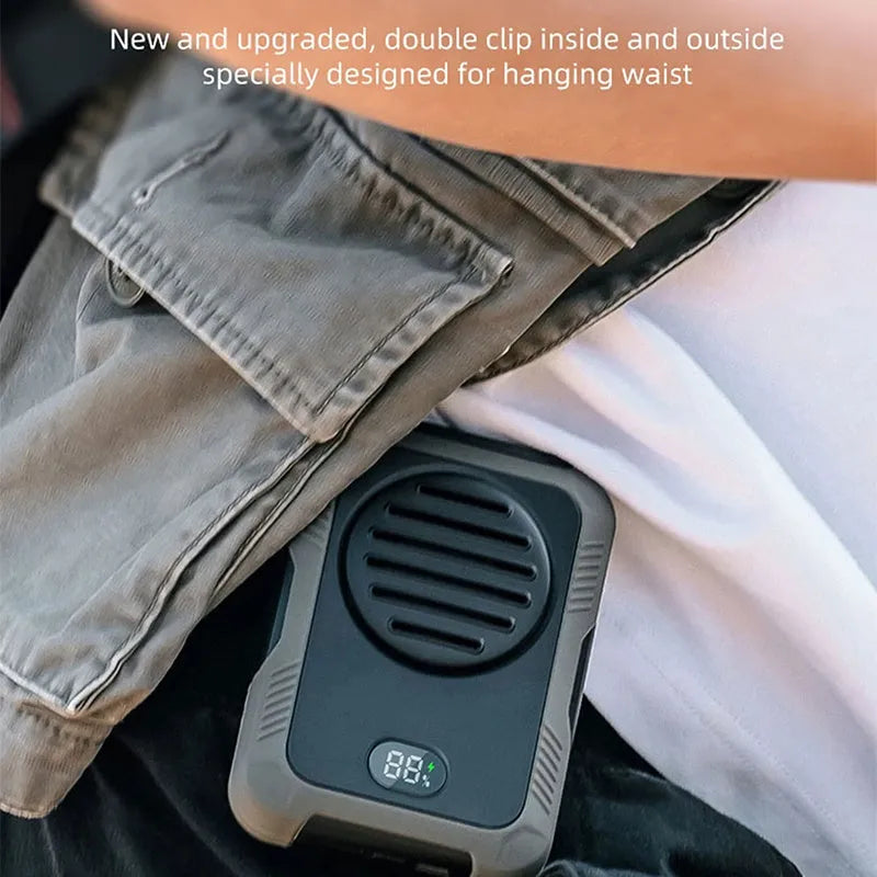 Green leafless hanging neck fan with USB charging port, shown for outdoor use.