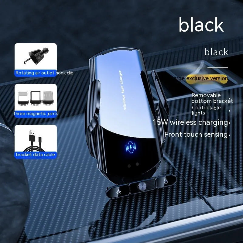Car wireless charger phone bracket, 15W, electric clamping, air outlet mount, 130x65x24mm, black or silver