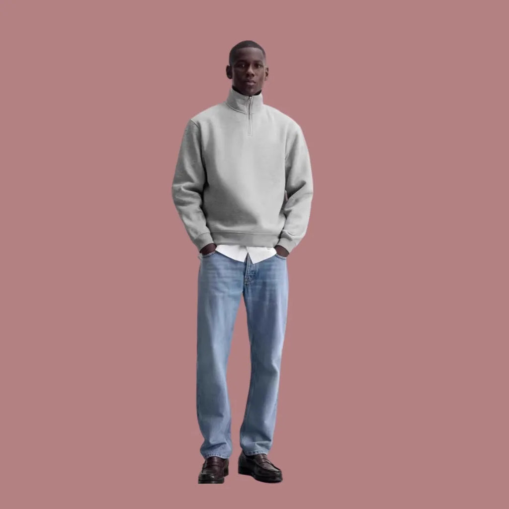 Grey half zip stand collar cotton sweater for men and women with long sleeves