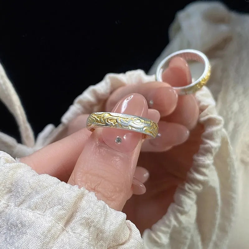 White copper geometric ring with xiangyun pattern and silver gold electroplating, open mouth adjustable design