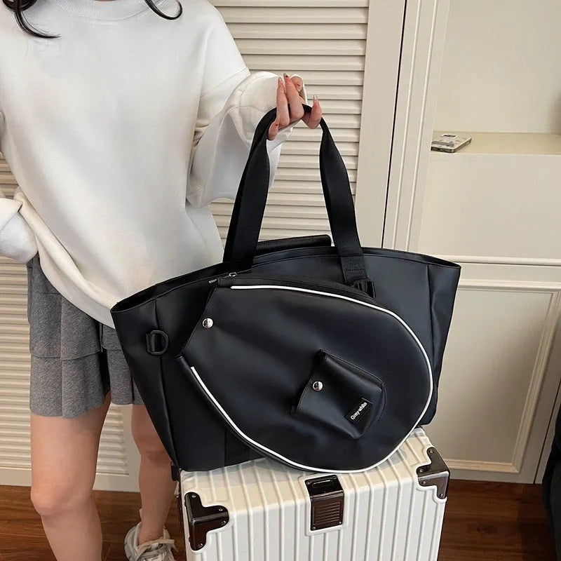 Casual one-shoulder yoga storage bag in black with 36-55L capacity and breathable lining
