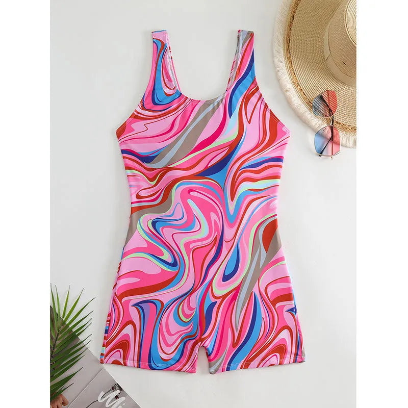 Women's printed high-waisted backless one-piece swimsuit in polyester fabric.