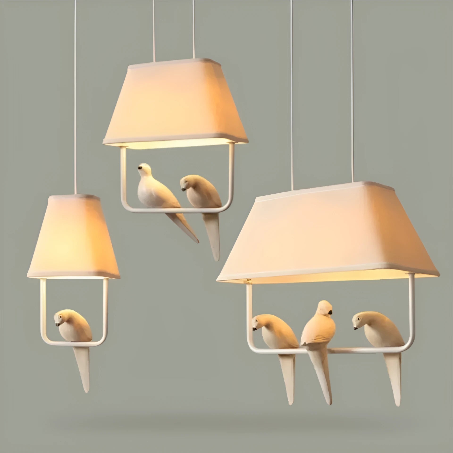 Bird chandelier ceiling lamp with iron frame and fabric shade in dining room setting