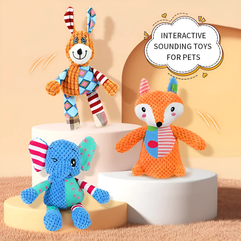 Interactive dog toy with squeaky and crinkly sounds, plush construction, available in Elephant Fox Rabbit styles