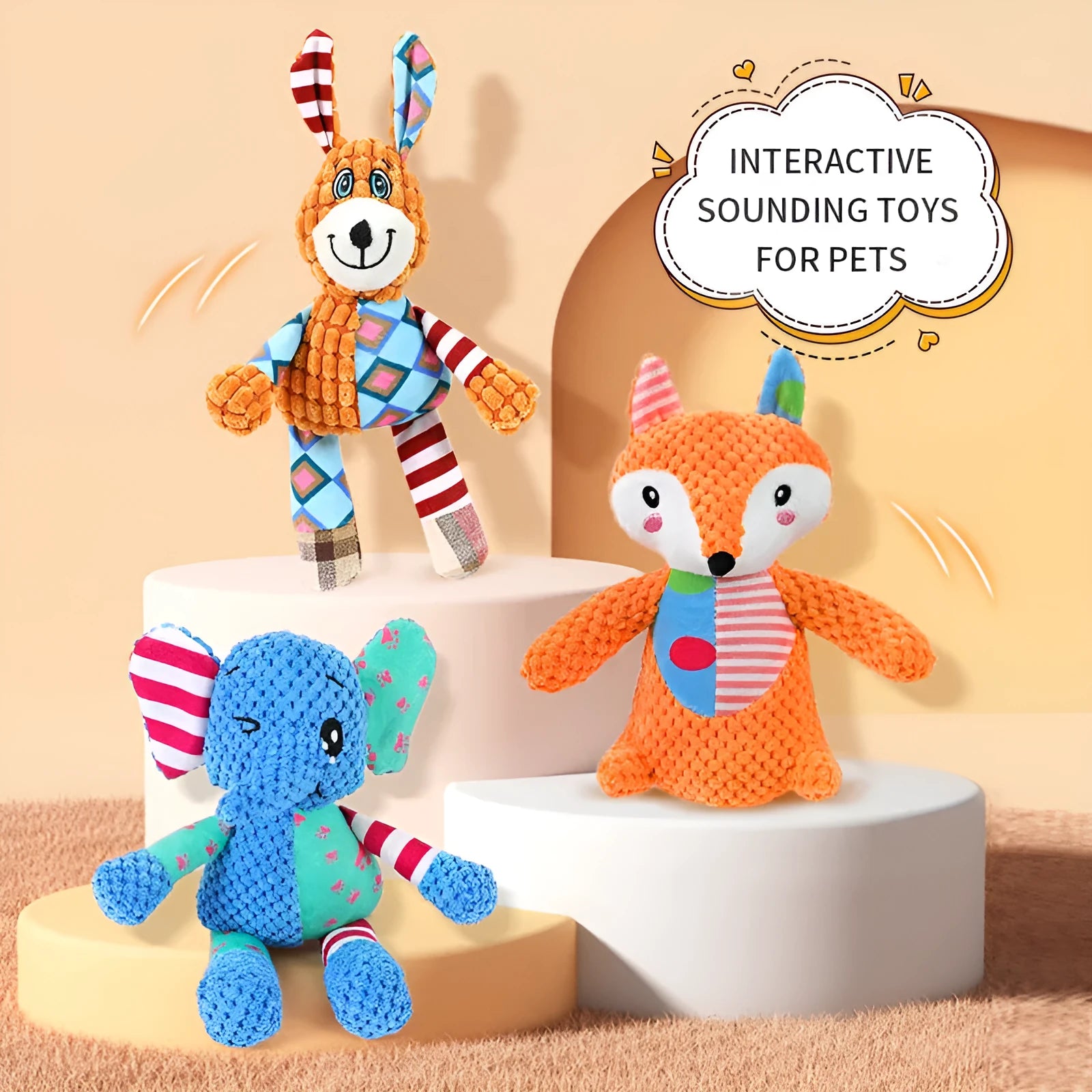 Interactive dog toy with squeaky and crinkly sounds, plush construction, available in Elephant Fox Rabbit styles