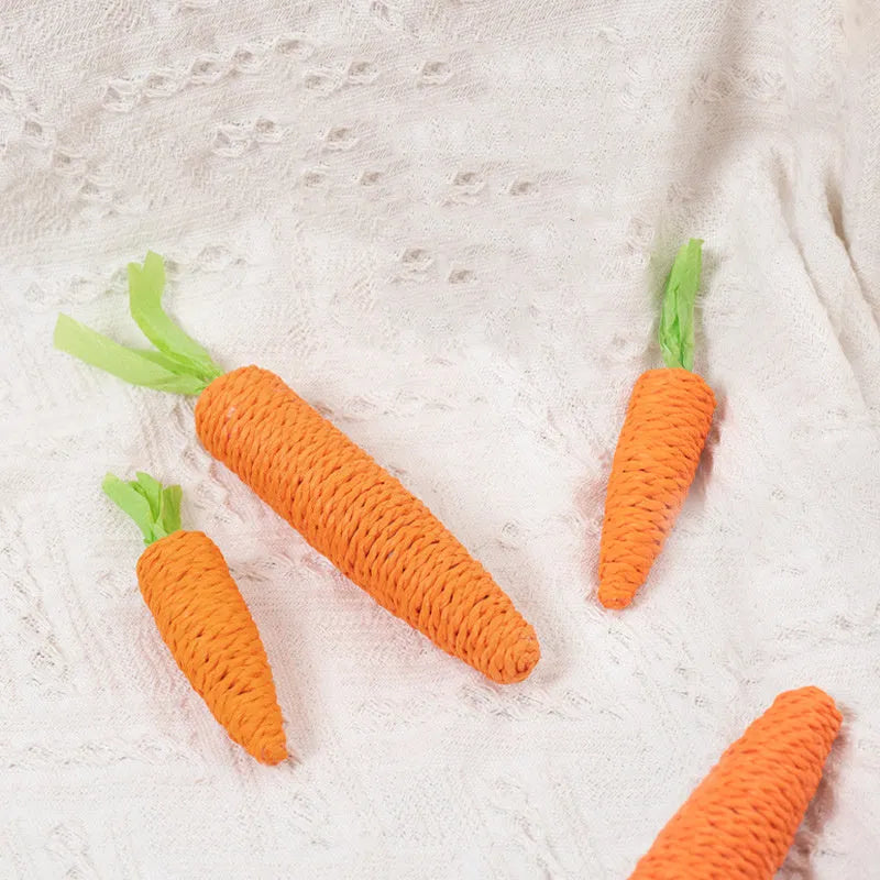 Set of assorted cat toys including fabric carrots, plastic ringing stones, paper crinkles, and wooden grinding sticks