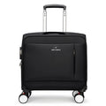 Black 18-inch Oxford cloth carry-on suitcase with retractable handle and universal wheels.