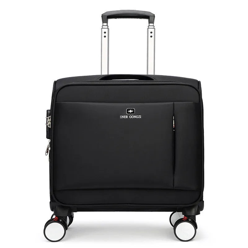 Black 18-inch Oxford cloth carry-on suitcase with retractable handle and universal wheels.