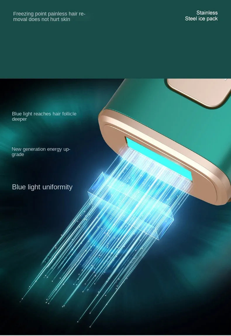 Laser hair remover permanent freezing point sapphire home use device in dark green or green, 150x67x36mm, with sunglasses and shaving knife.