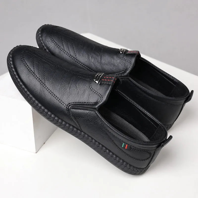 Men's solid colour slip-on casual shoes with microfiber upper and flat heel in 677 Black or Brown