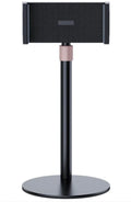 Adjustable metal lifting tablet bracket with white ABS clamp extended on a dark surface.