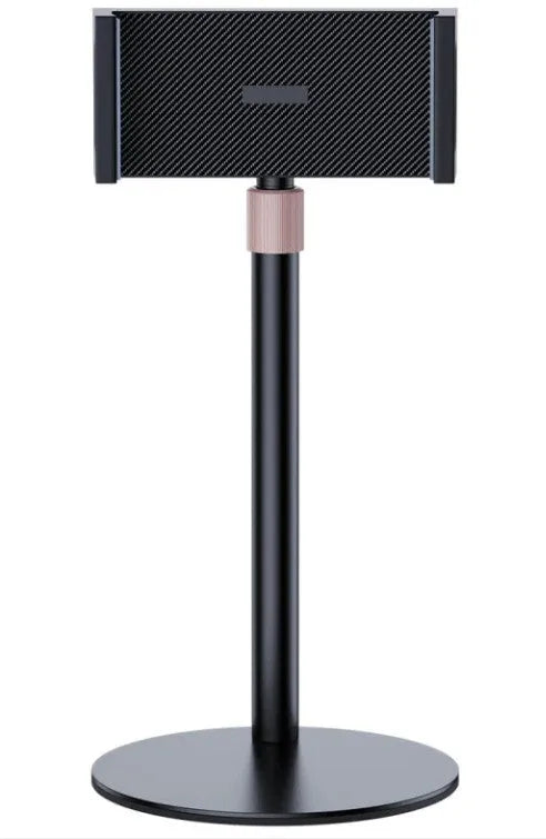 Adjustable metal lifting tablet bracket with white ABS clamp extended on a dark surface.