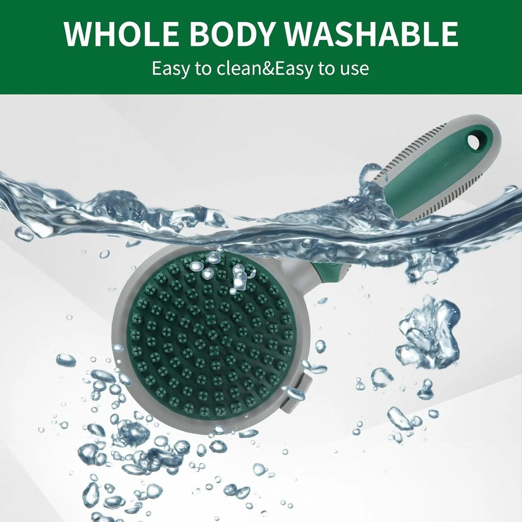 Green and pink two-sided pet grooming brush with retractable slicker and silicone massager