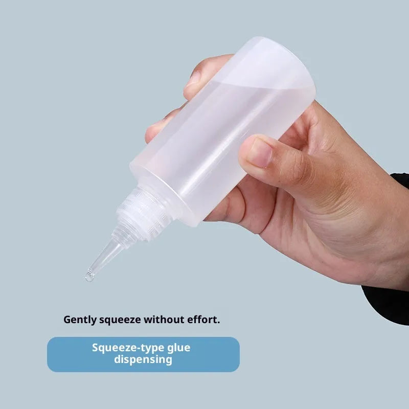 Transparent plastic dispensing bottle with narrow pourer, available in 30ml, 60ml, 100ml, and 120ml sizes.