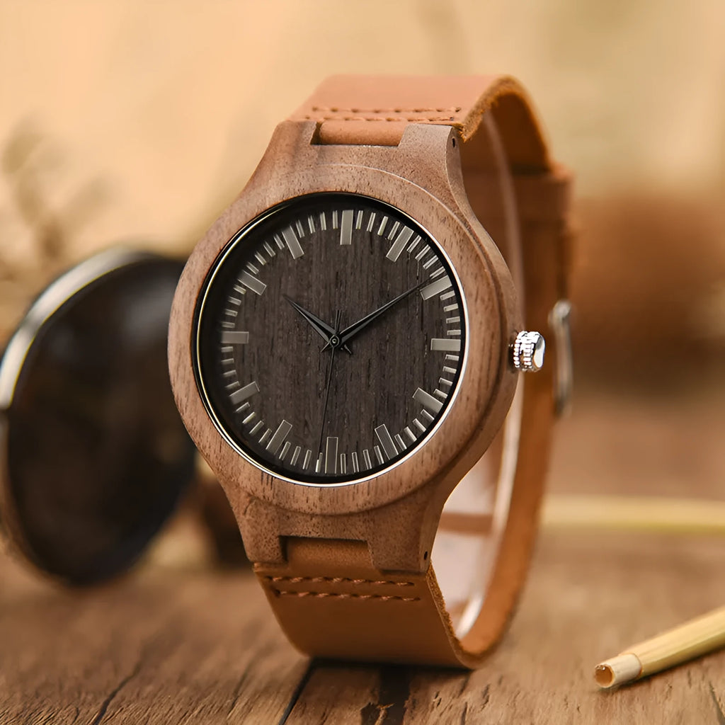 Wooden watch with brown wood strap, 43mm dial, mineral glass mirror, white dial, quartz movement