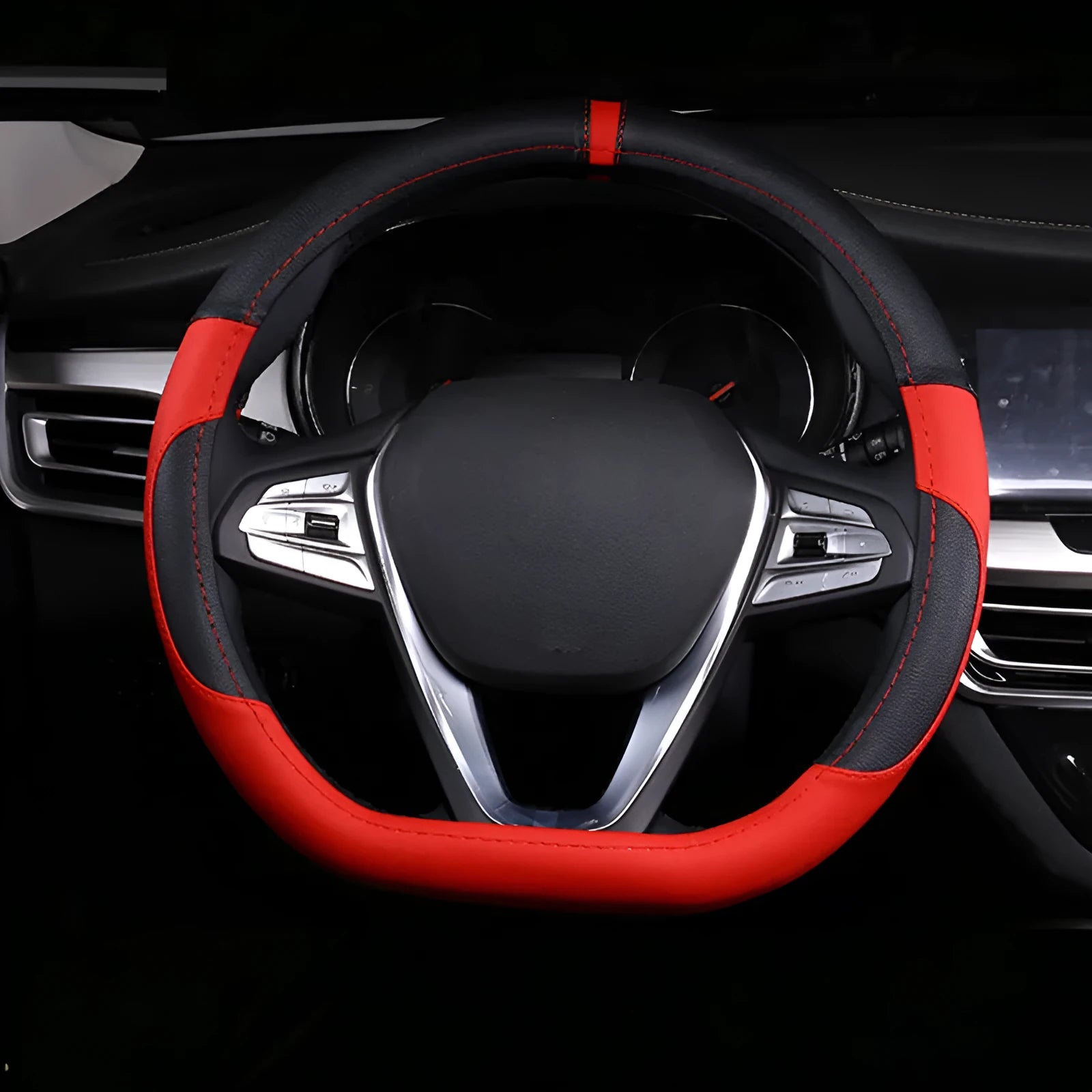 Universal leather steering wheel cover for 38cm diameter wheels in eight colour and style options