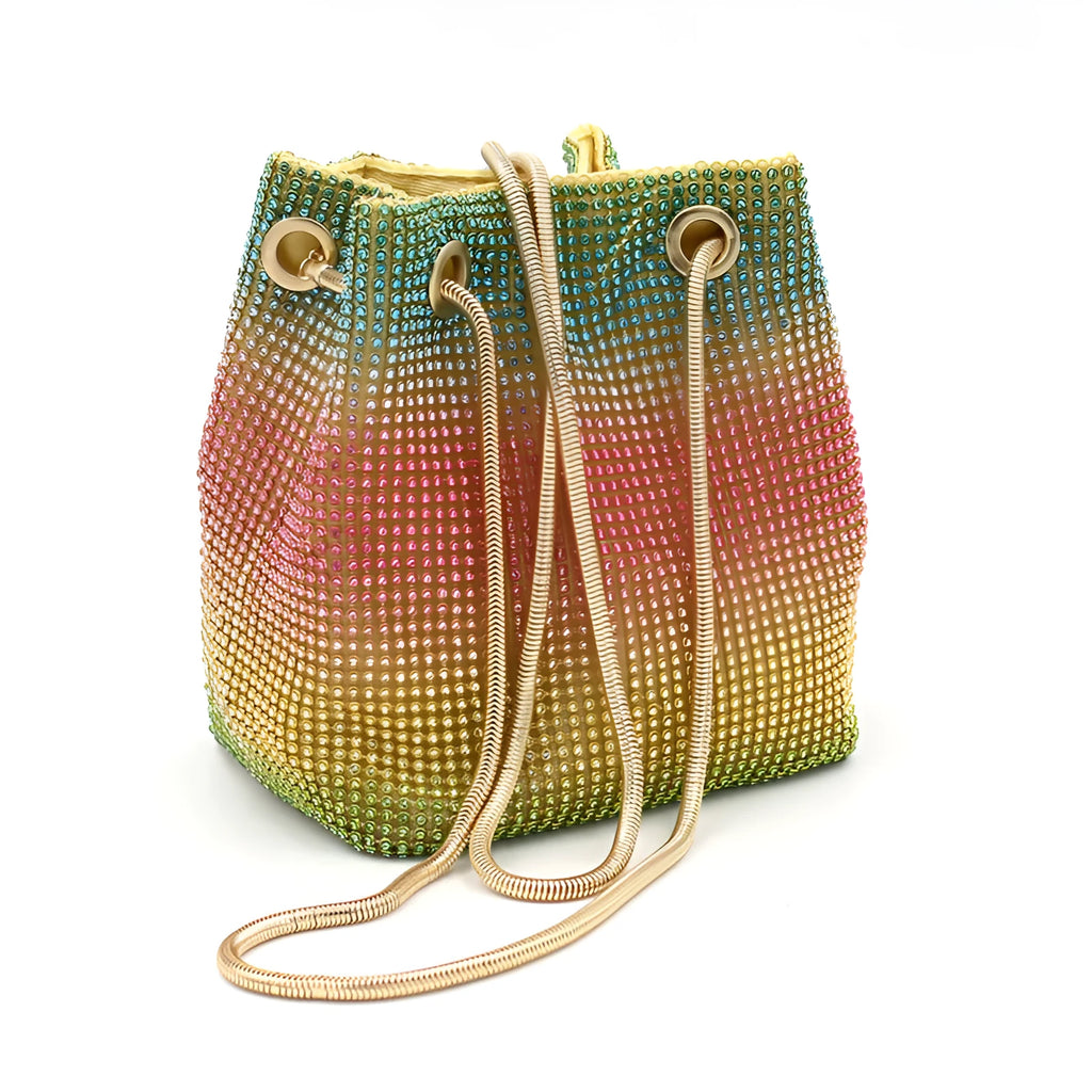 Colourful rhinestone bucket bag with sparkly fabric, shown as a handbag and shoulder bag.