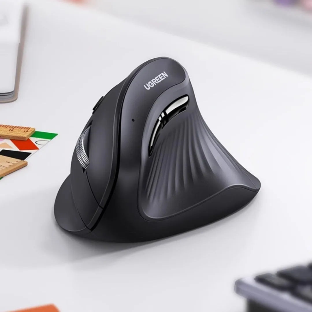Black ergonomic vertical wireless mouse with dual-mode 2.4G and Bluetooth 5.0, adjustable DPI, mute click