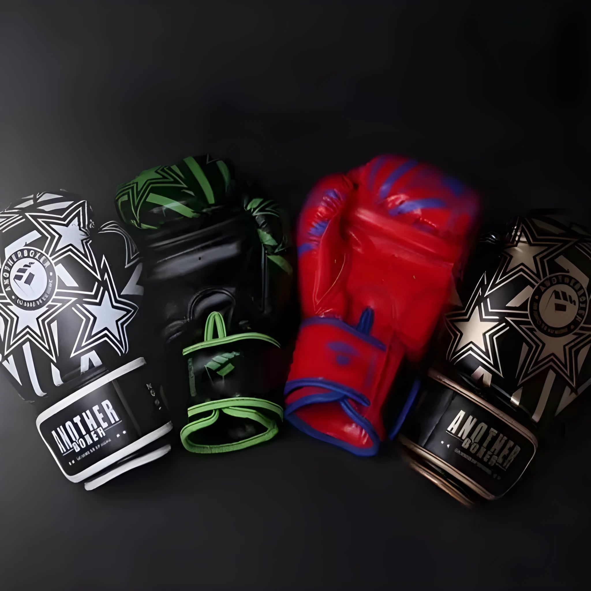 Children's boxing sanda gloves in gold, red, white, green, and lake blue star designs, showing size options from 4oz to 14oz.