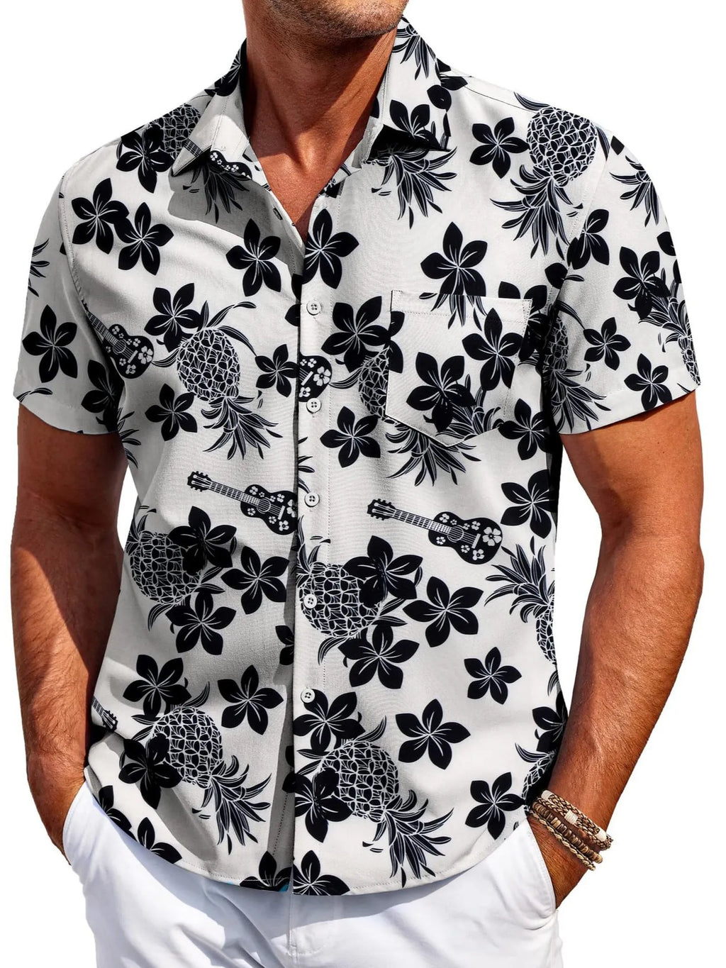Man wearing a slim-fit Hawaiian short-sleeve shirt in elastic polyester fabric.