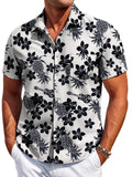 Man wearing a slim-fit Hawaiian short-sleeve shirt in elastic polyester fabric.