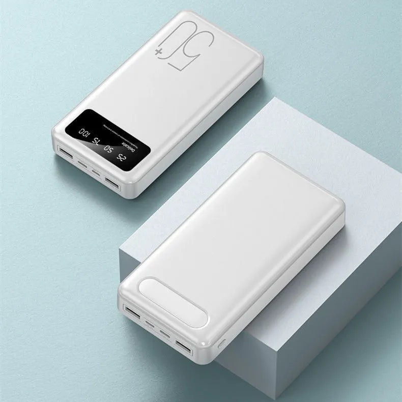50000 mAh portable power bank with LED display and fabric texture finish in black or white
