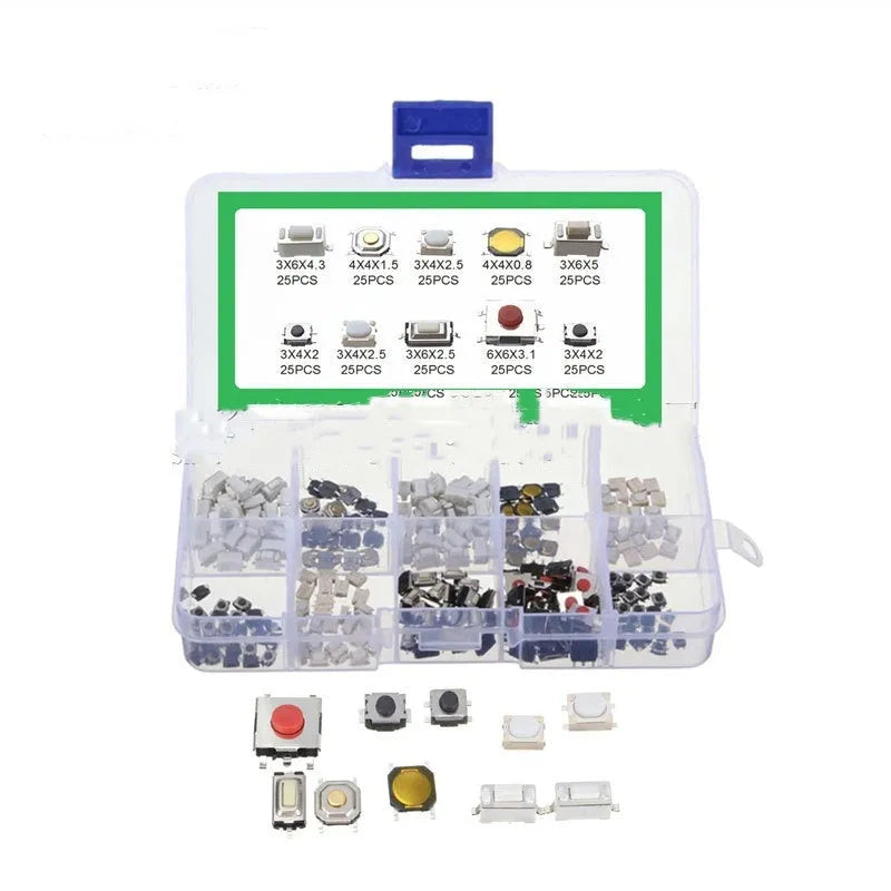 250-piece box of surface mount tactile switch buttons for PCB electronics assembly