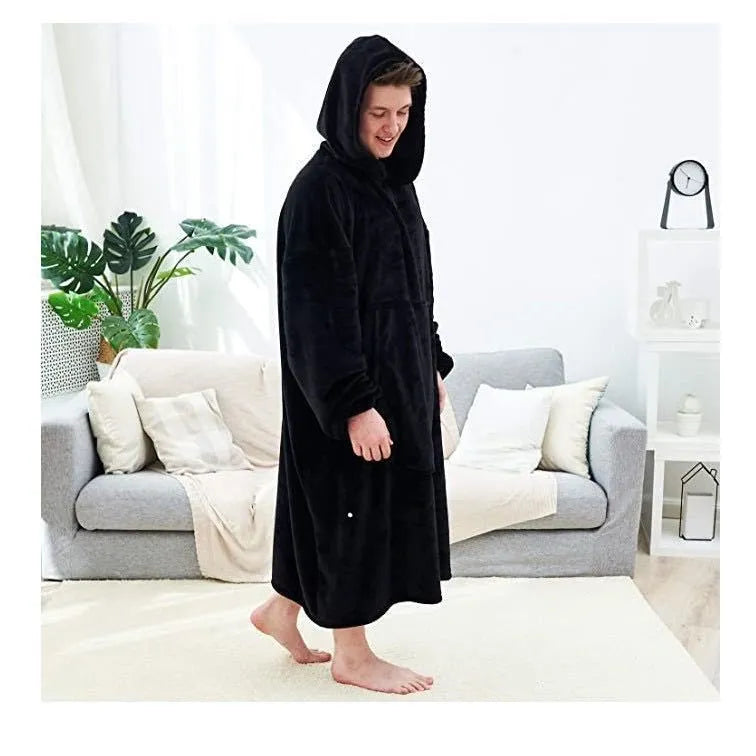 Flannel thick warm blanket hoodie for women in gray, long loose pullover with pockets