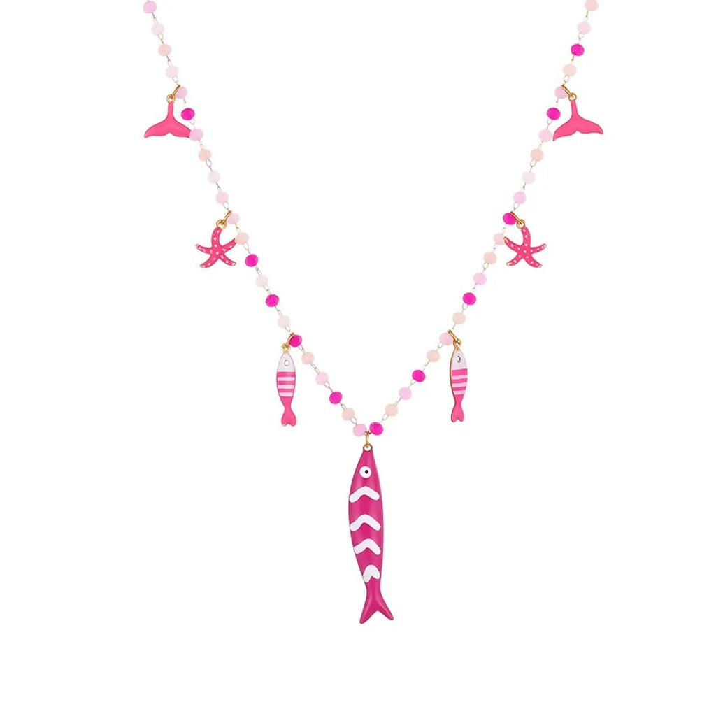 Stainless steel pendant necklace with oil drip beads, starfish design, 18K finish in pink colour, adjustable chain