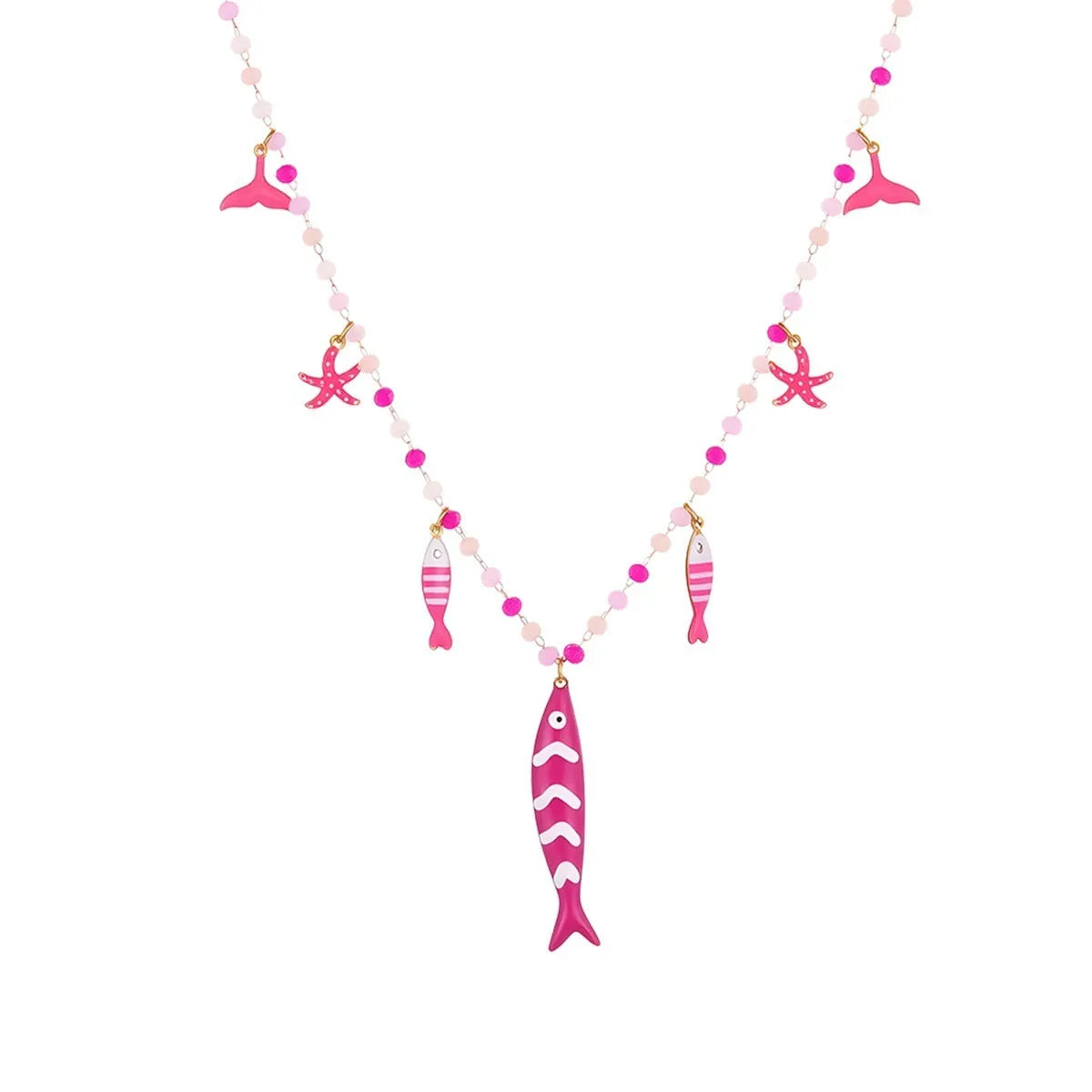 Stainless steel pendant necklace with oil drip beads, starfish design, 18K finish in pink colour, adjustable chain
