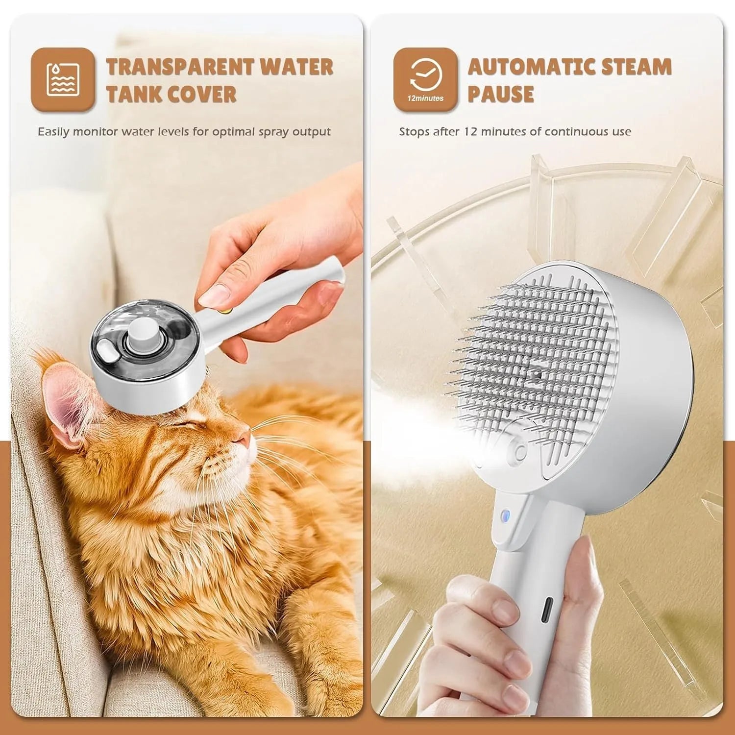 Pink and white cat grooming brush with mist spray function and stainless steel comb