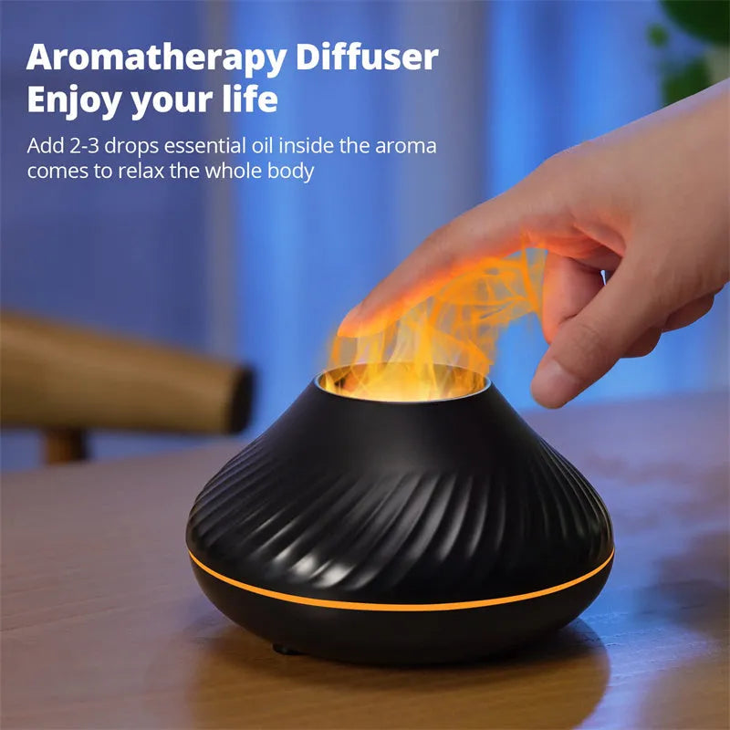 Beige and black aroma diffuser with LED flame lighting and 130ml water capacity