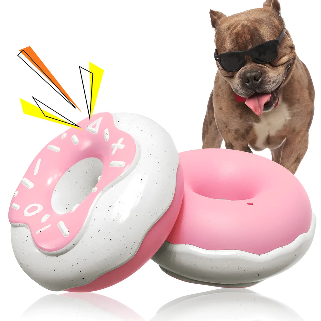 Pink, yellow and chocolate brown TPR donut dog toys with squeakers for dental chewing