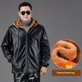Men's fleece-lined thickened PU leather winter coat, loose wide fit, 65cm medium length, thickened top colour