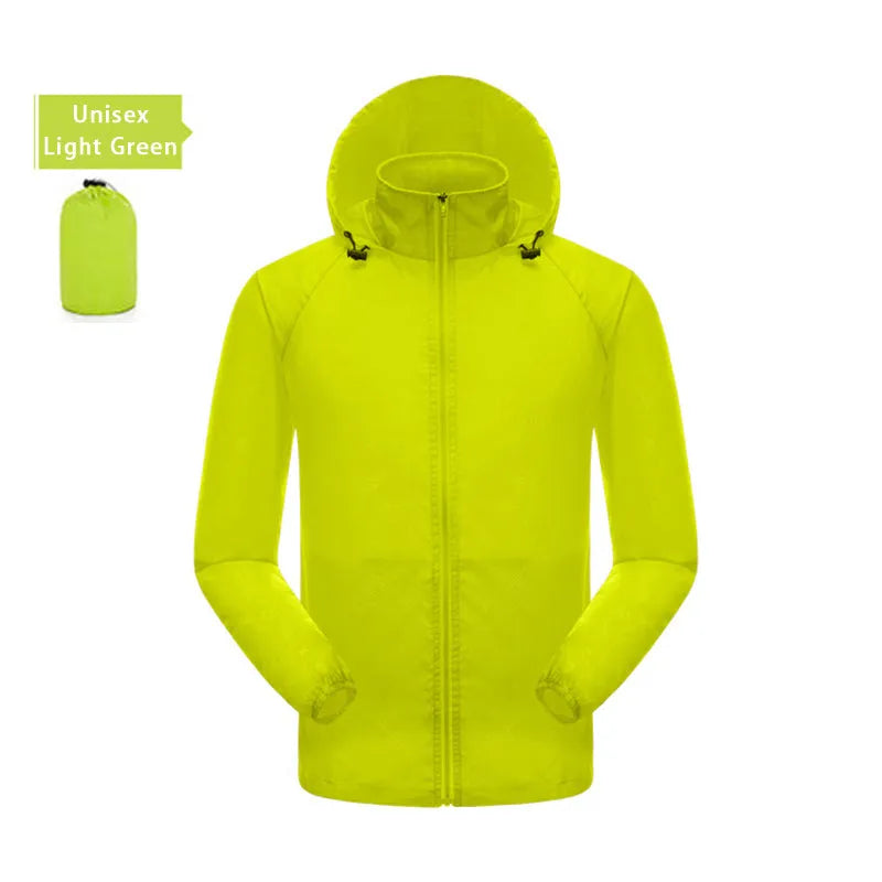 UPF40 waterproof sun protection jacket for men and women in Army Green with hood and storage bag