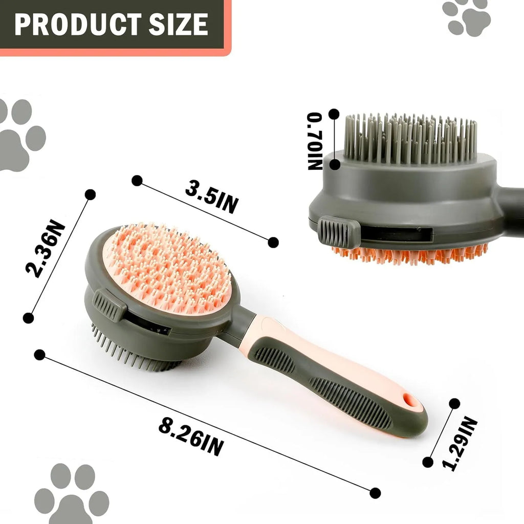 Green and pink double-sided cat grooming brush with release button and flea comb
