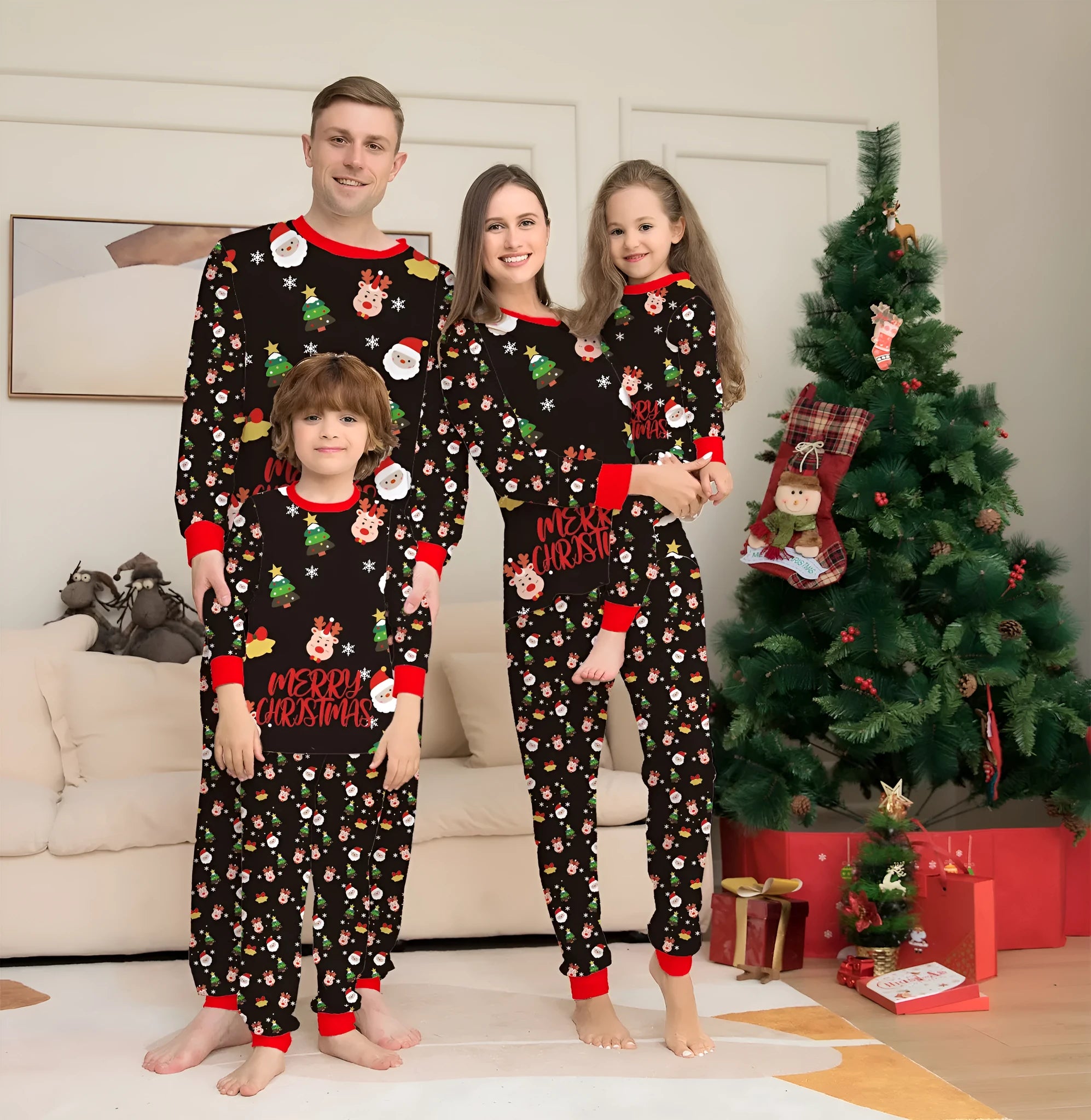Family Christmas matching pajamas set in cotton plaid print showing coordinated adult, child and pet sizes