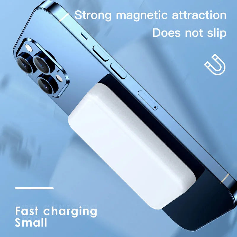 Pink plastic wireless magnetic power bank showing dimensions of 100mm by 64mm.