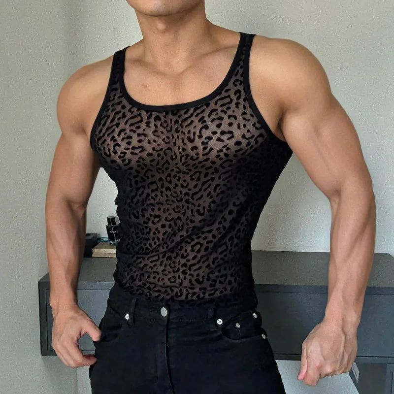 Leopard print cutout see-through black vest for men sleeveless t-shirt base layer