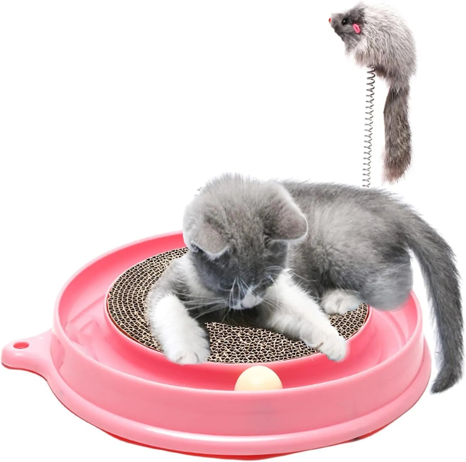 Blue circular cat scratcher toy with ball track and replaceable cardboard scratching surface