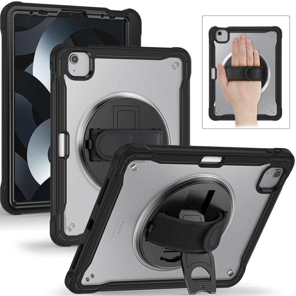 iPad Mini 6 tablet case with rotating bracket in black, showing all-inclusive protective cover and shoulder strap