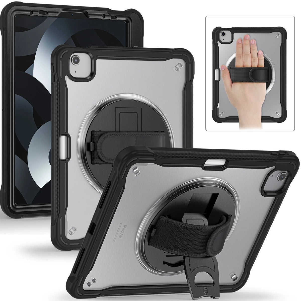 iPad Mini 6 tablet case with rotating bracket in black, showing all-inclusive protective cover and shoulder strap