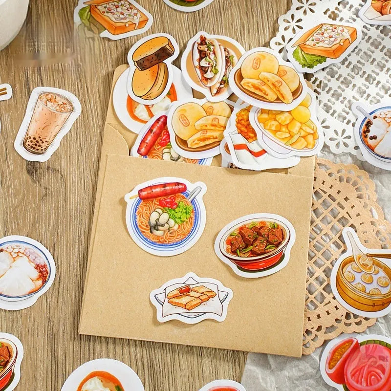 Box-packed Night Market snacks retro style printed adhesive sticker set with 46 pieces