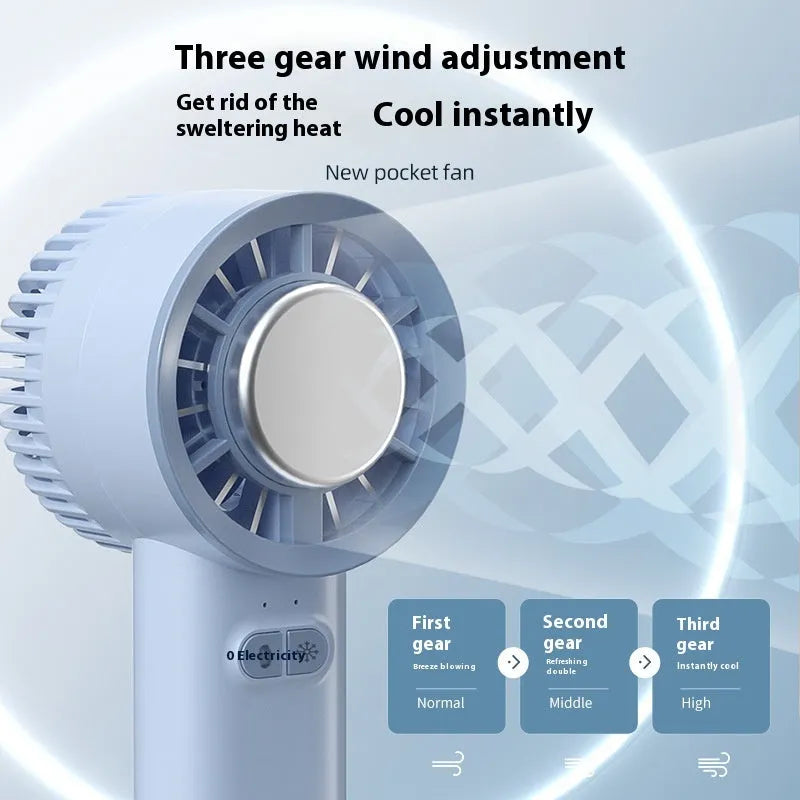 White handheld portable fan with turbo jet airflow and ice-cooling function