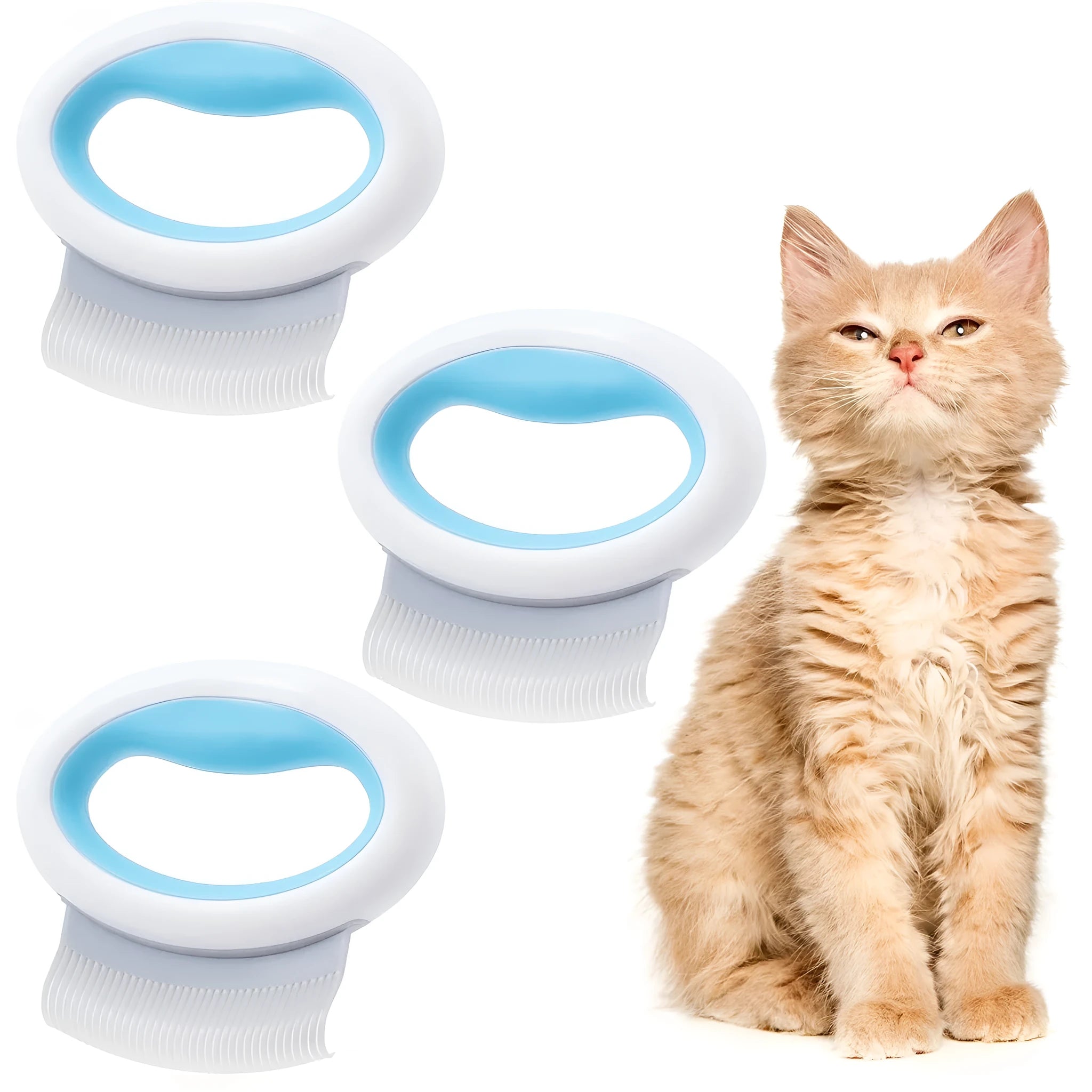 Blue pet grooming comb with ergonomic handle and soft teeth for cats and dogs on a white background.