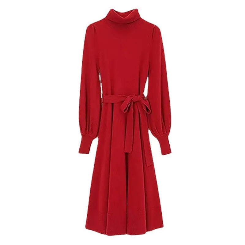 Ladies solid colour knit midi dress with turtleneck and elastic waist in rose red.