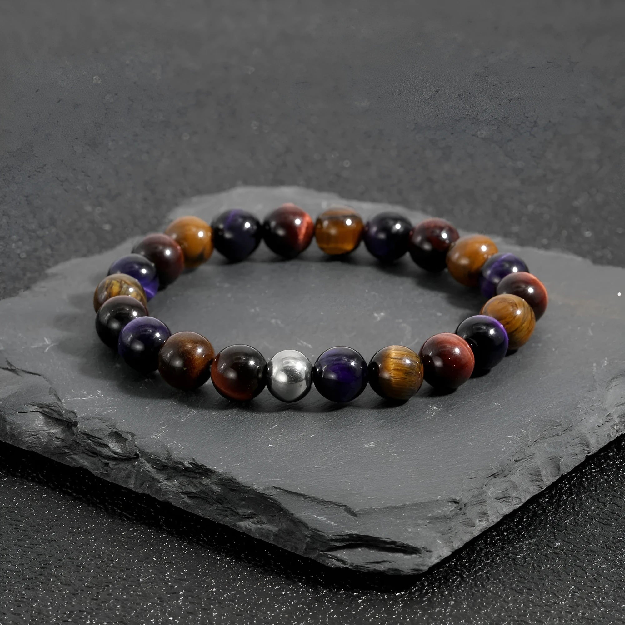 Handmade elastic bracelet with natural tiger-eye stone beads in a geometric minimalist design.